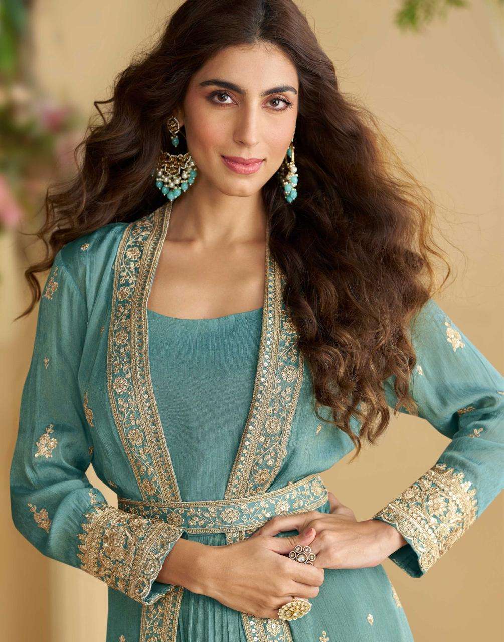 TULIP BY SAYURI DESIGNER IN REAL PREMIUM CHINON SILK EMBROIDERED SHRUG WITH BELT AND GOWN 