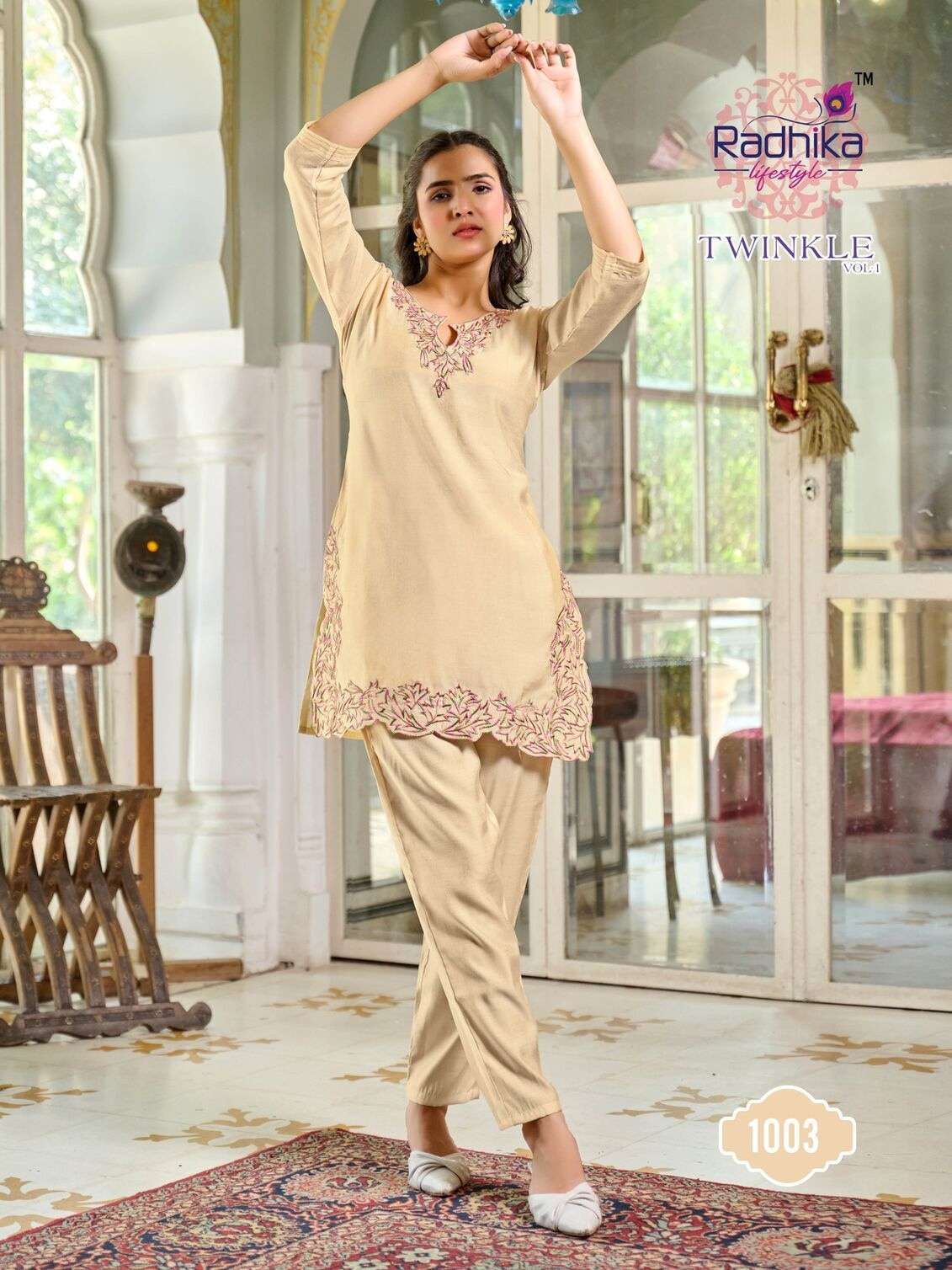 TWINKLE VOL-1 BY RADHIKA LIFESTYLE IN ROMAN SCHIMMER WITH CUT WORK BORDER 