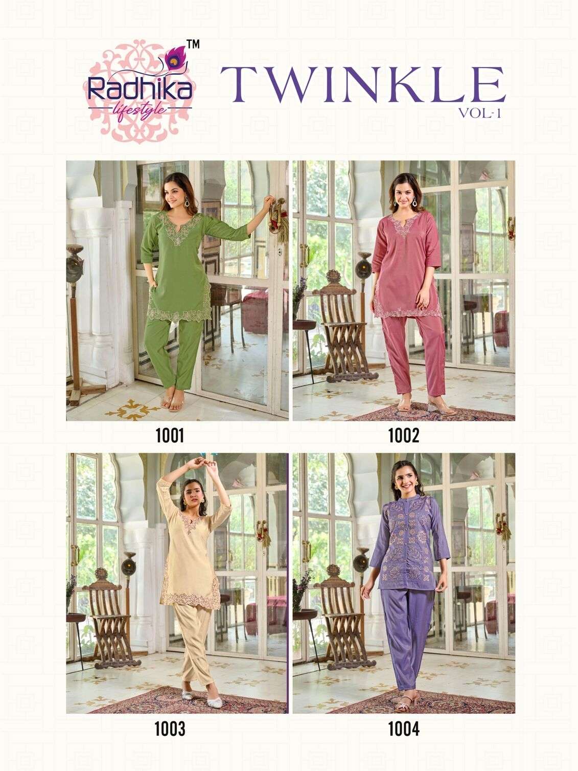 TWINKLE VOL-1 BY RADHIKA LIFESTYLE IN ROMAN SCHIMMER WITH CUT WORK BORDER 