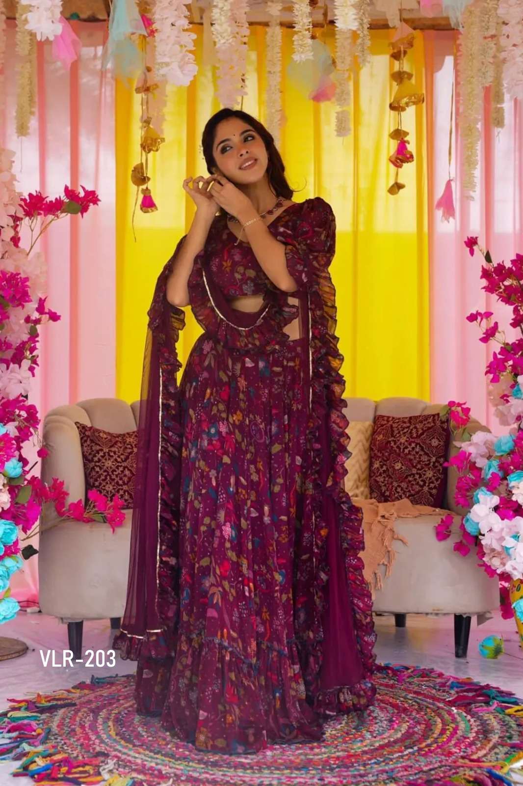 VALLARI VOL-2 BY TEXOFAB IN HEAVY AERTEX CHINON 3PCS PRINTED TIER LEHENGA 