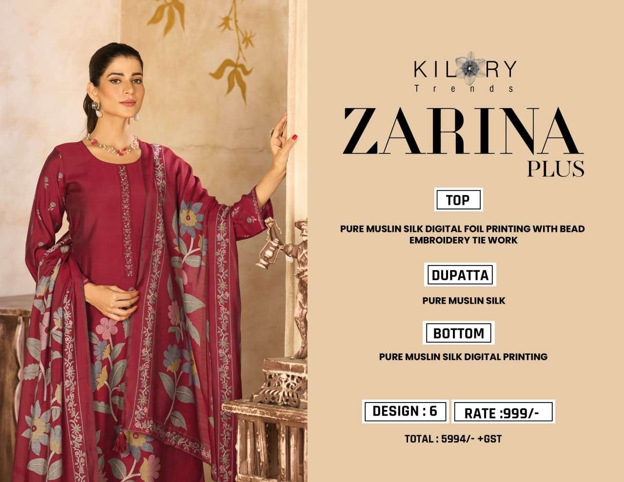 ZARINA PLUS BY KILORY TRENDS IN PURE MUSLIN SILK DIGITAL FOIL PRINT WITH FANCY HAND WORK 