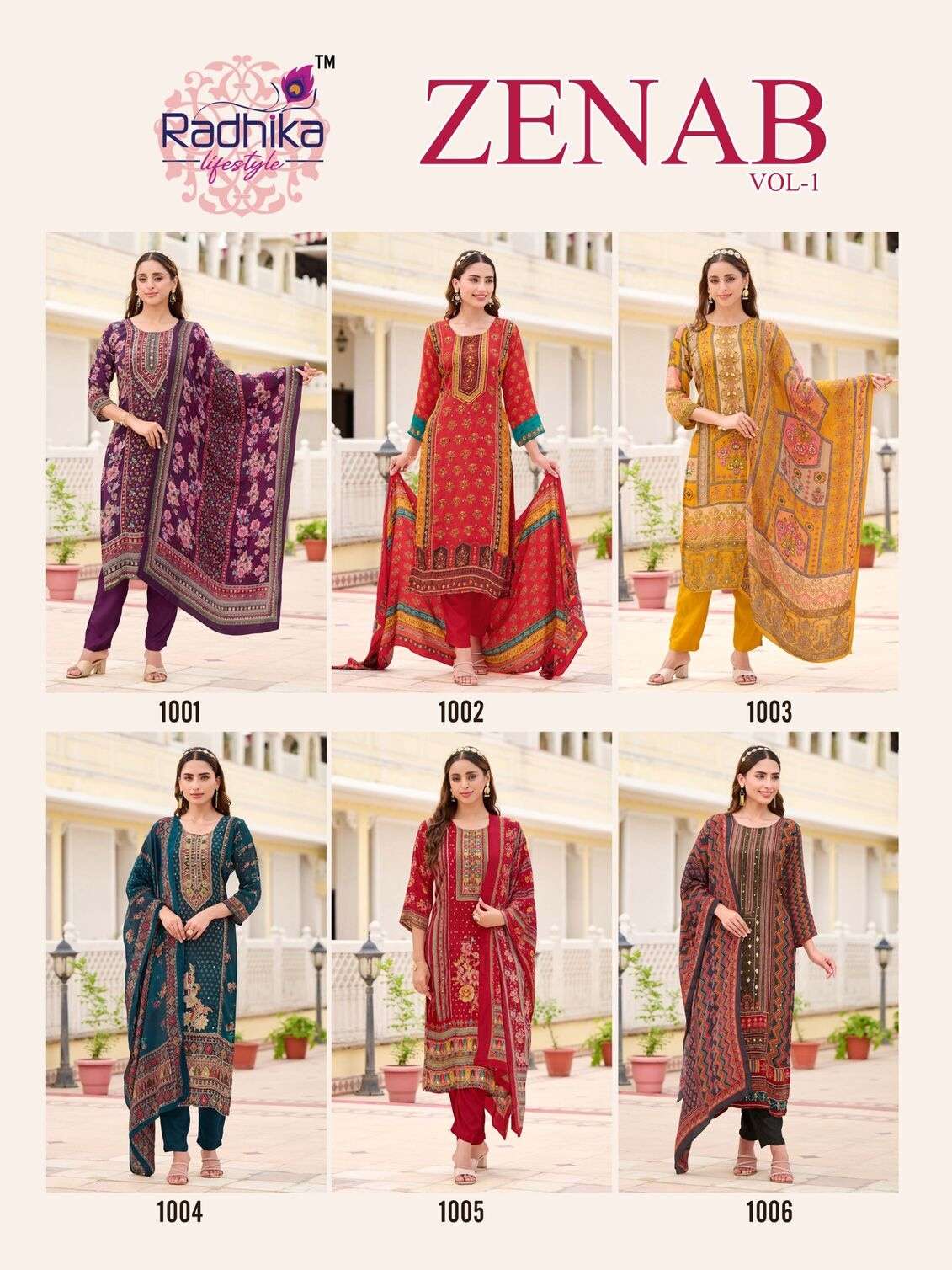 ZENAB VOL-1 BY RADHIKA LIFESTYLE IN PURE NATURAL CREP KURTI PANT AND DUPATTA WITH HANDWORK 