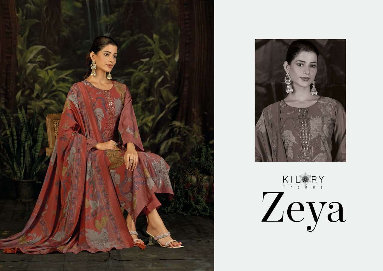 ZEYA BY KILORY TRENDS IN PURE MODAL MUSLIN SILK DIGITAL FOIL PRINT WITH BEADS EMBROIDERY WORK