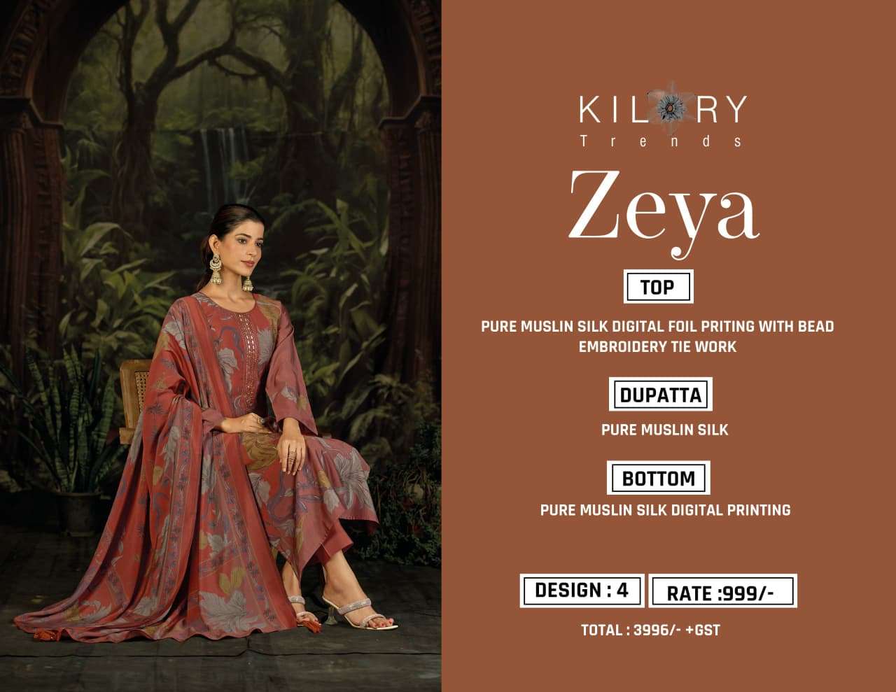 ZEYA BY KILORY TRENDS IN PURE MODAL MUSLIN SILK DIGITAL FOIL PRINT WITH BEADS EMBROIDERY WORK