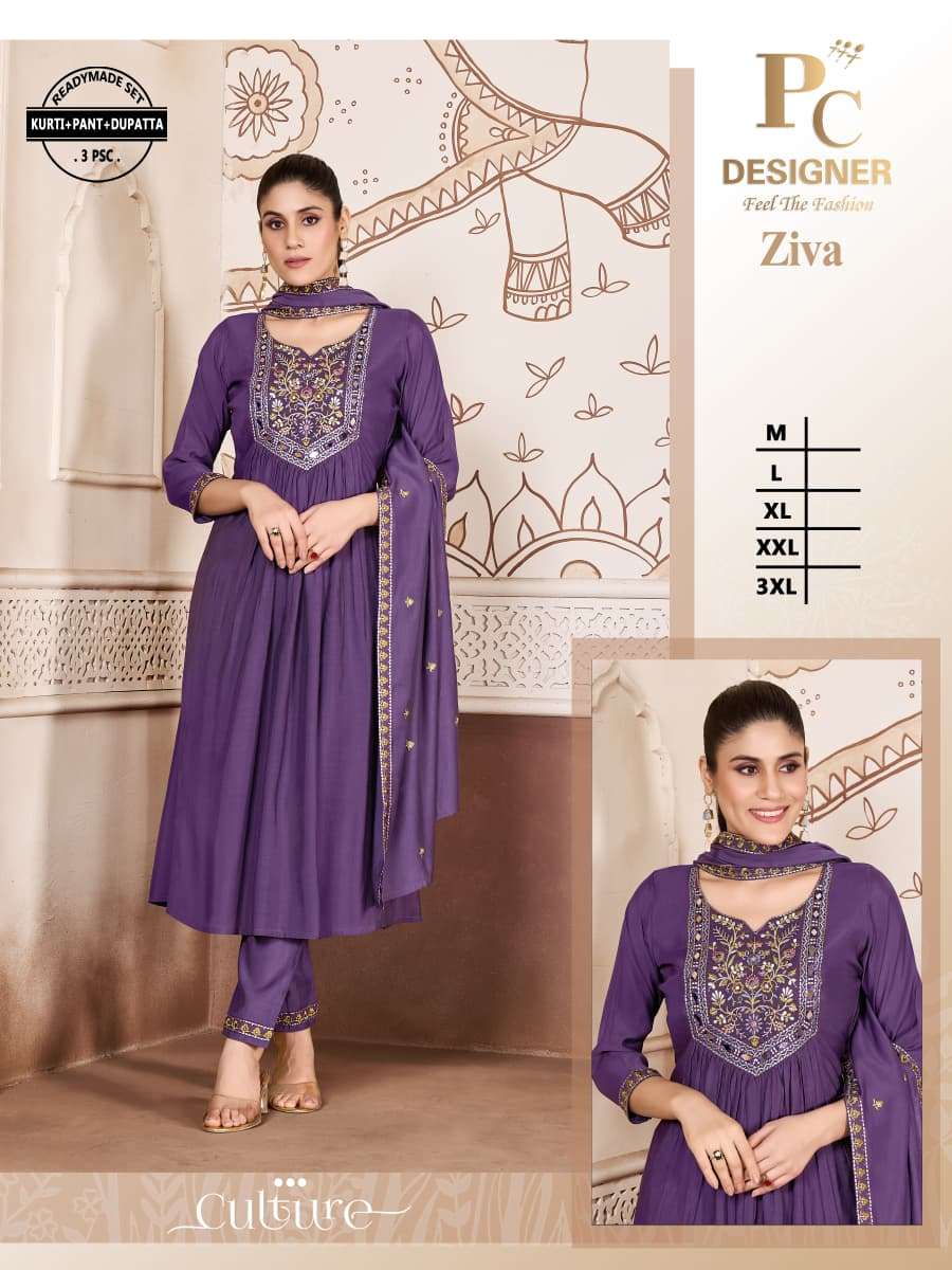 ZIVA BY PC DESIGNER IN MUL CHANDERI KURTI PANT WITH DUPATTA WITH EMBROIDERY WORK 