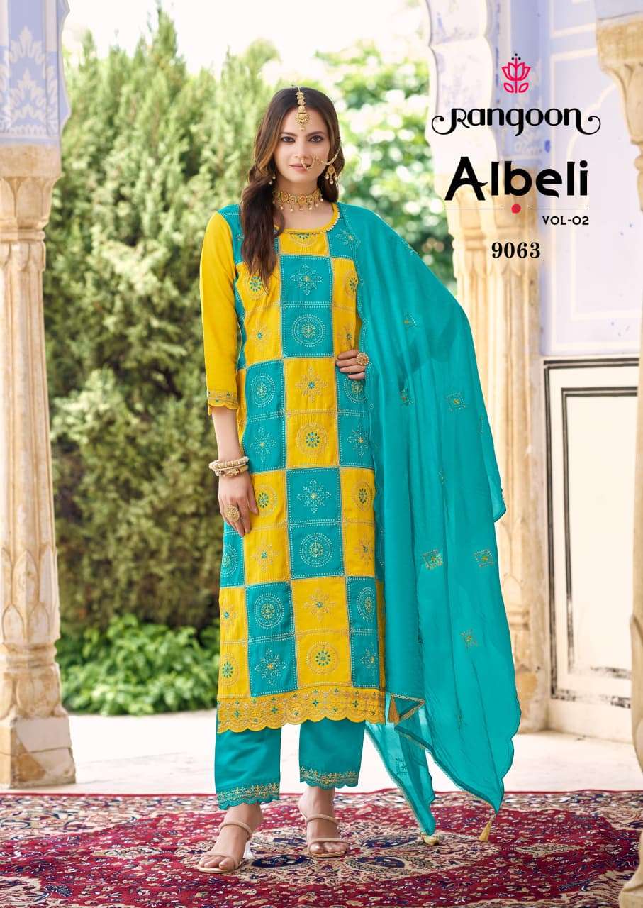 ALBELI VOL-2 BY RANGOON SILK WITH FANCY WORK KURTI LACE WORK PANT & EMBROIDERY DUPATTA 