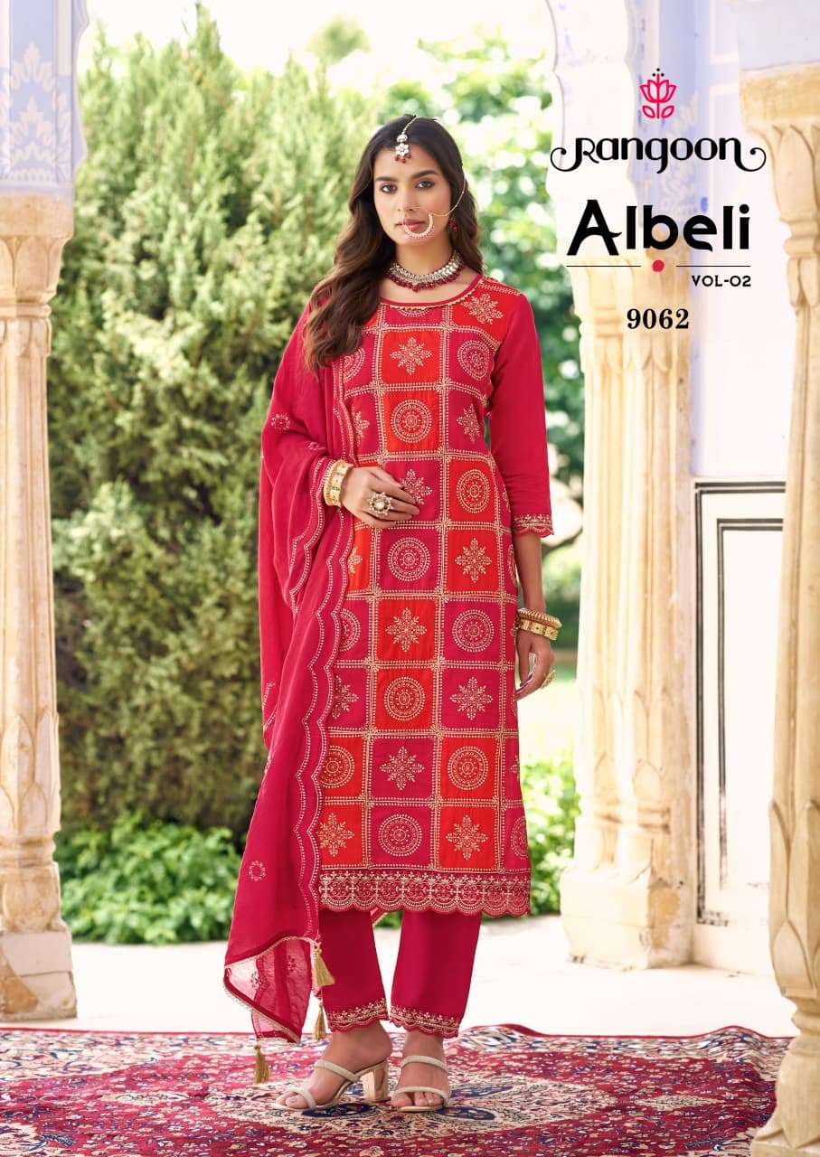 ALBELI VOL-2 BY RANGOON SILK WITH FANCY WORK KURTI LACE WORK PANT & EMBROIDERY DUPATTA 