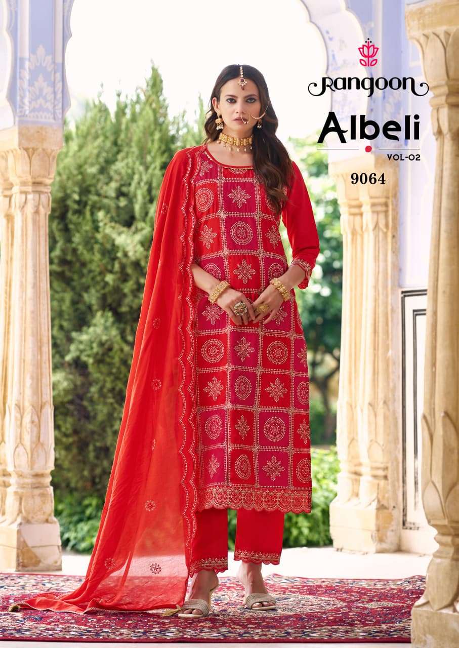 ALBELI VOL-2 BY RANGOON SILK WITH FANCY WORK KURTI LACE WORK PANT & EMBROIDERY DUPATTA 
