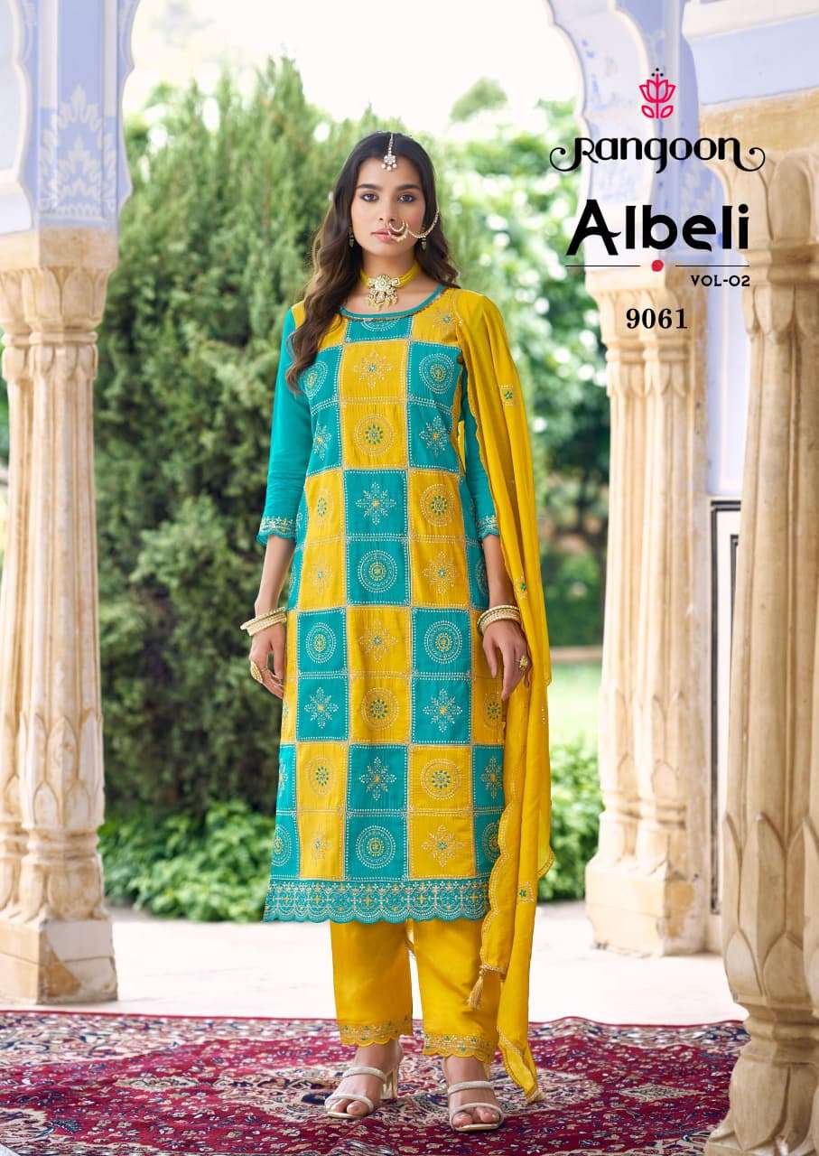 ALBELI VOL-2 BY RANGOON SILK WITH FANCY WORK KURTI LACE WORK PANT & EMBROIDERY DUPATTA 