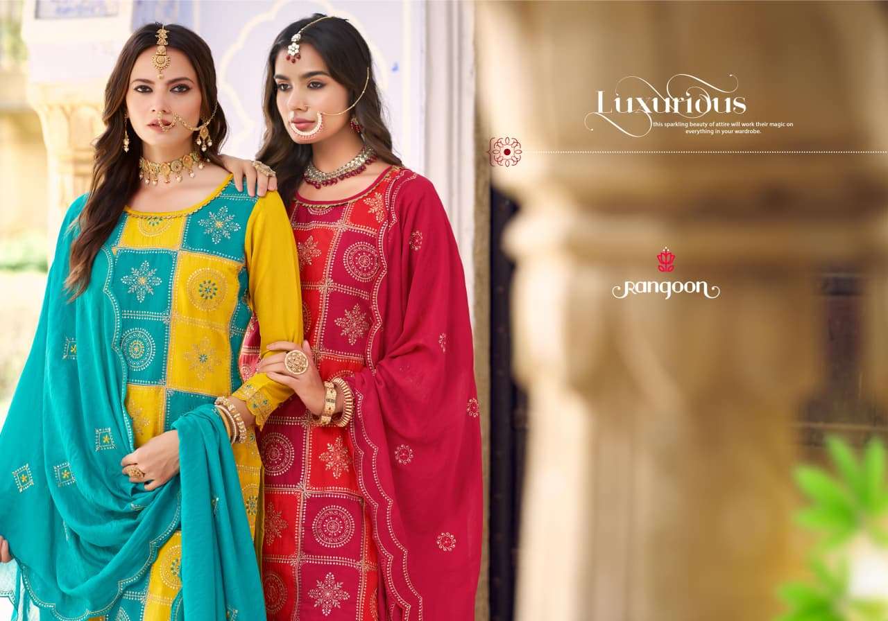 ALBELI VOL-2 BY RANGOON SILK WITH FANCY WORK KURTI LACE WORK PANT & EMBROIDERY DUPATTA 