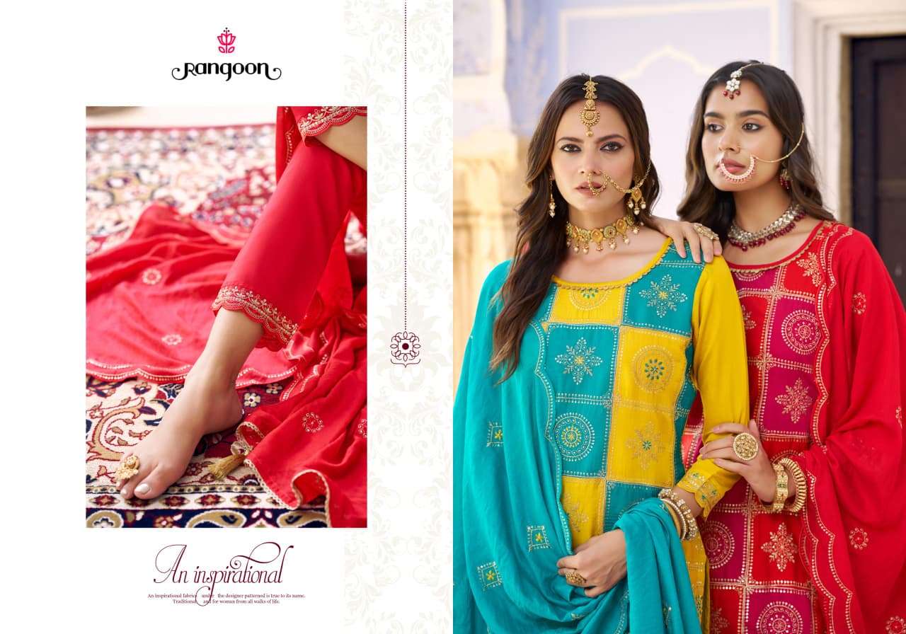 ALBELI VOL-2 BY RANGOON SILK WITH FANCY WORK KURTI LACE WORK PANT & EMBROIDERY DUPATTA 