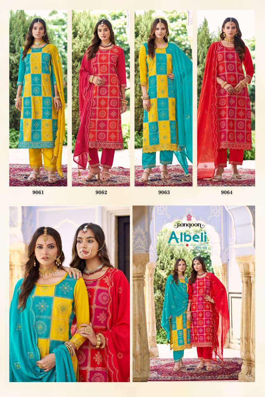 ALBELI VOL-2 BY RANGOON SILK WITH FANCY WORK KURTI LACE WORK PANT & EMBROIDERY DUPATTA 