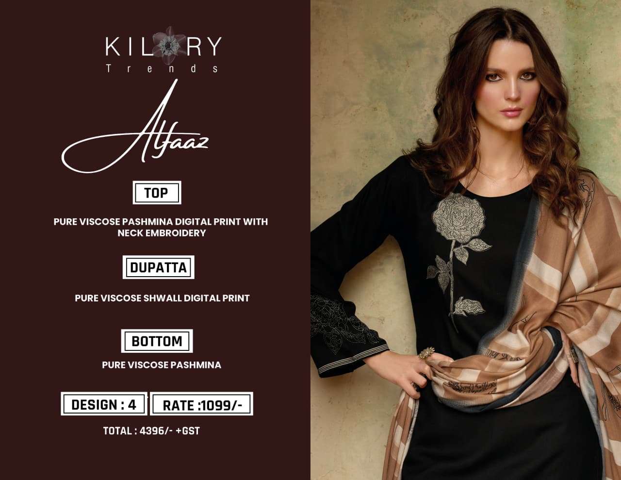 ALFAAZ BY KILORY TRENDS IN PURE VISCOSE PASHMINA DIGITAL FOIL PRINT WITH EMBROIDERY