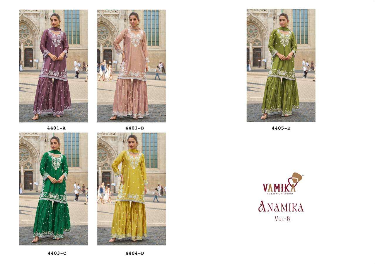 ANAMIKA VOL-3 BY VAMIKA IN HEAVY CHINON WITH HEAVY HANDWORK FOUR SIDE LESS DUPPATTA