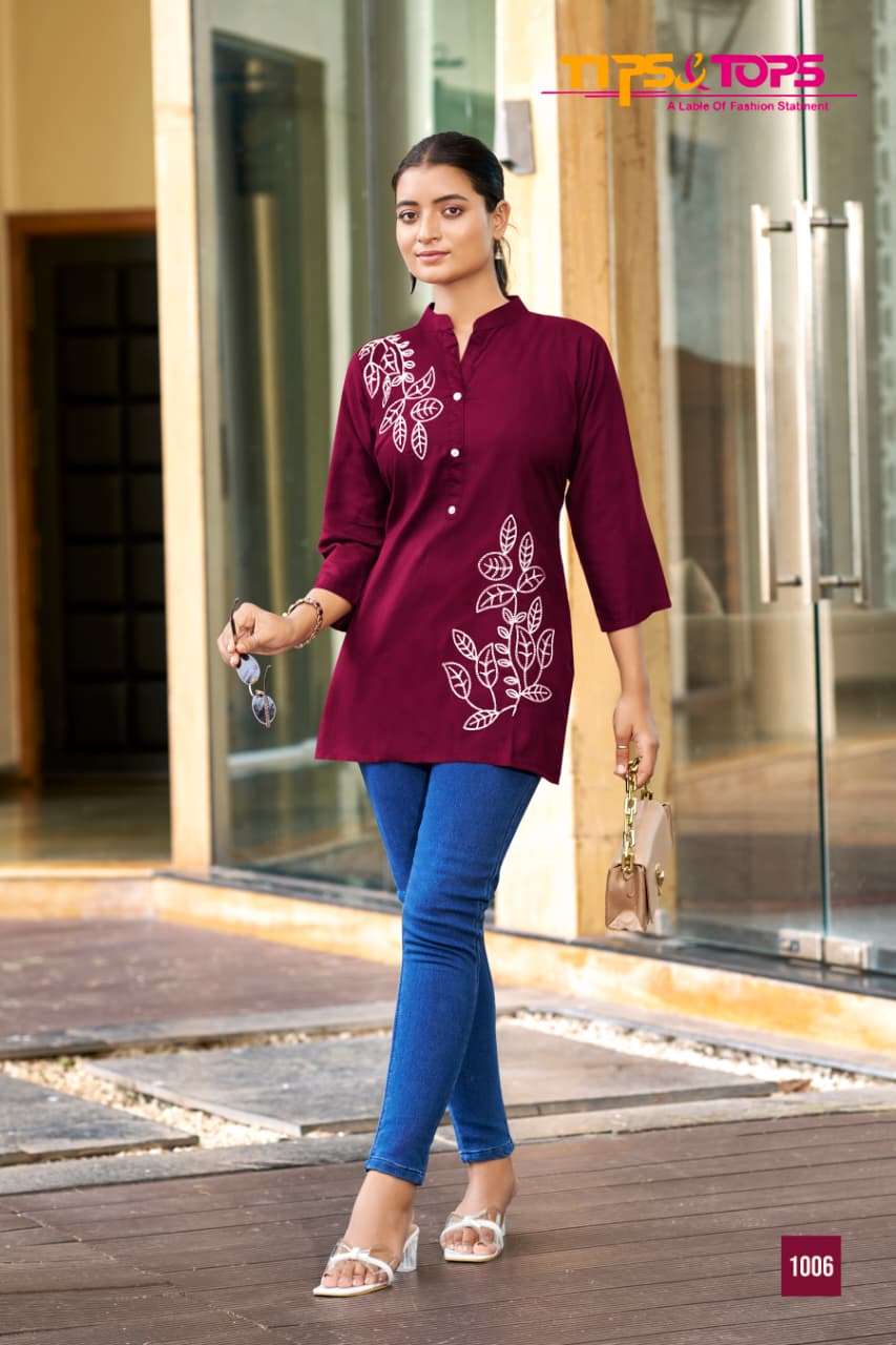 BLOSSOM BY TIPS & TOPS IN HEAVY RAYON SLUB WITH EMBROIDERY FANCY SHORT TOPS 