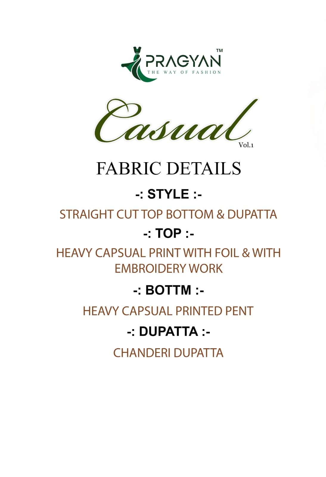 CASUAL VOL-1 BY PRAGYAN IN CAPSULE FOIL PRINT KURTI WITH EMBROIDERY WORK 