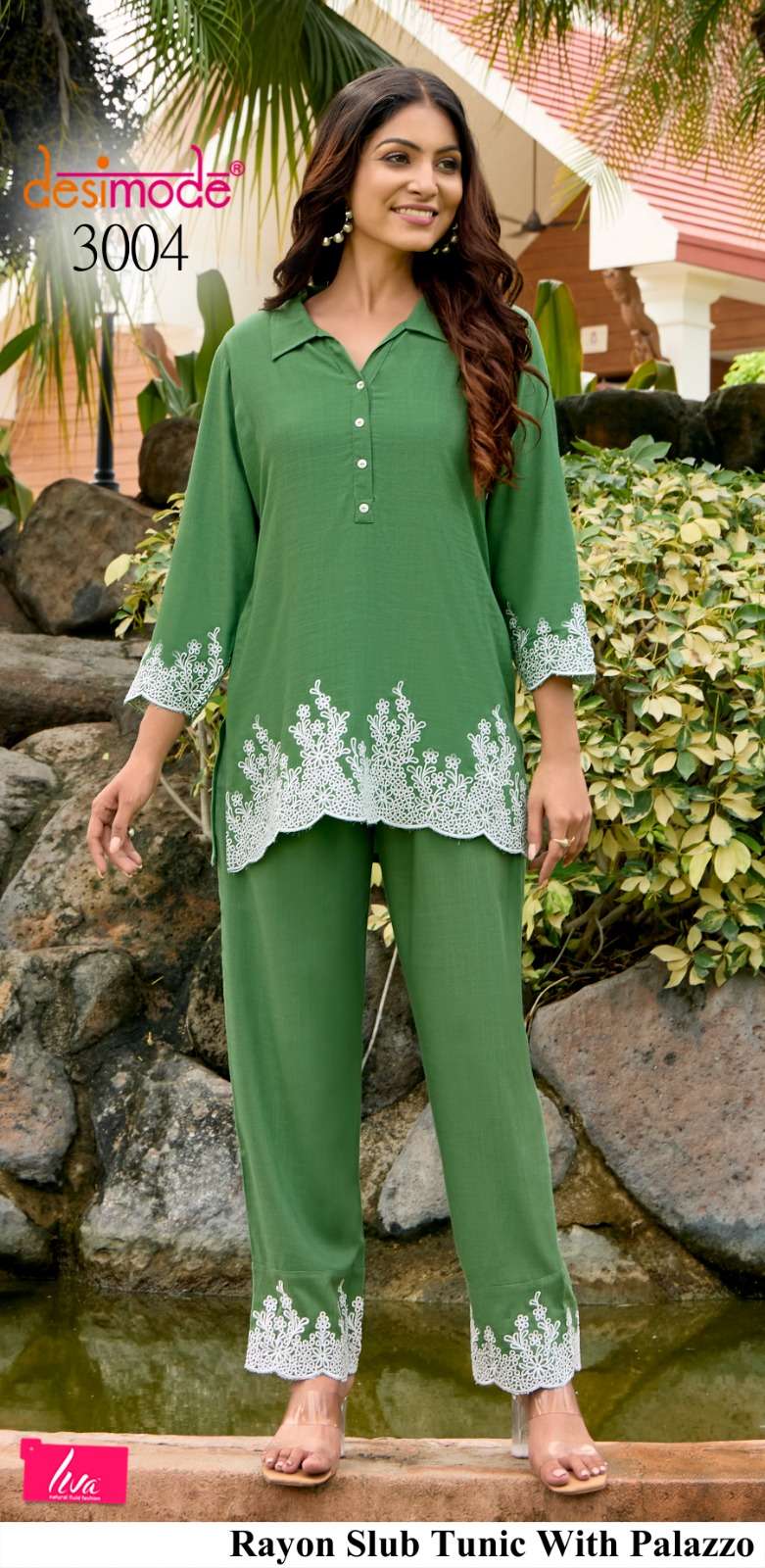 D.NO :- 3004 BY DESIMODE IN RAYON SLUB TUNIC WITH PALAZOO CO-ORD SET 