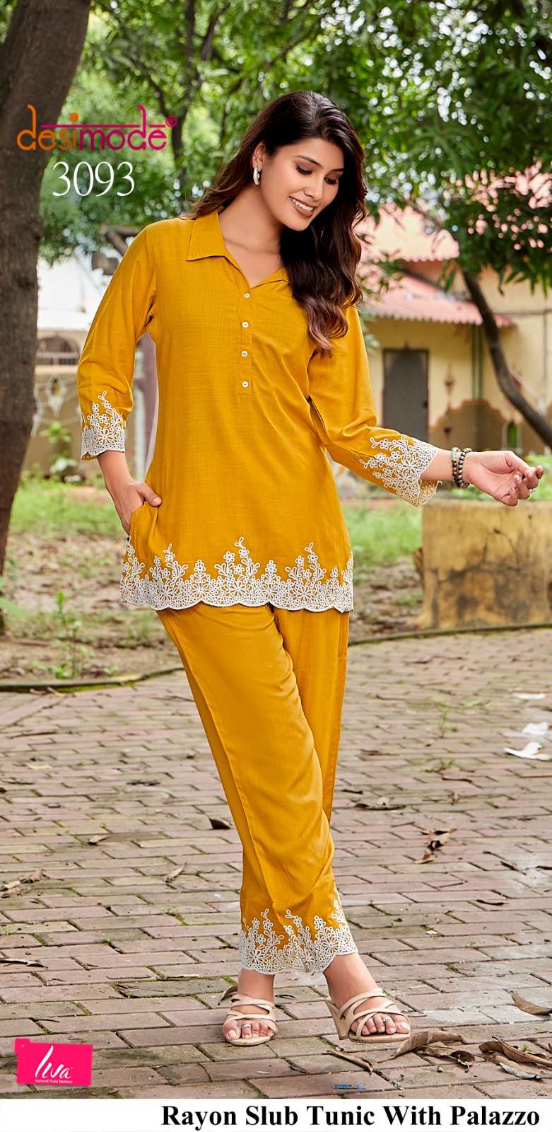 D.NO :- 3091 TO 3095 BY DESIMODE IN RAYON SLUB TUNIC WITH PALAZOO CO-ORD SET 