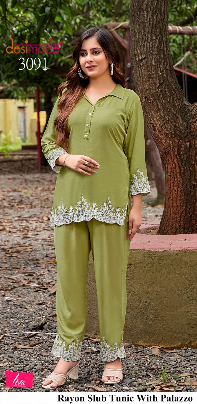 D.NO :- 3091 TO 3095 BY DESIMODE IN RAYON SLUB TUNIC WITH PALAZOO CO-ORD SET 