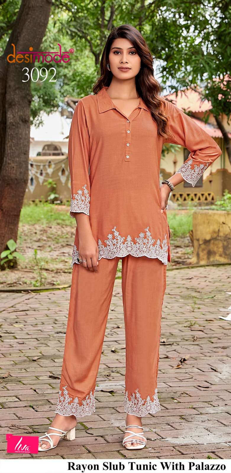 D.NO :- 3091 TO 3095 BY DESIMODE IN RAYON SLUB TUNIC WITH PALAZOO CO-ORD SET 
