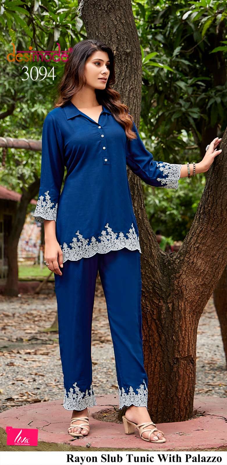 D.NO :- 3091 TO 3095 BY DESIMODE IN RAYON SLUB TUNIC WITH PALAZOO CO-ORD SET 