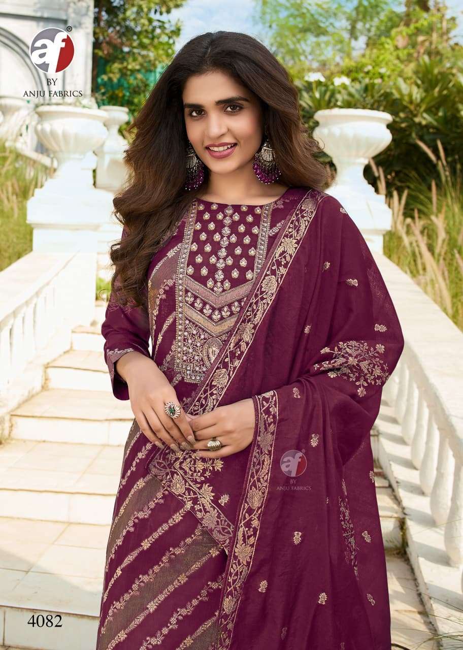 D.NO :- 4082 BY ANJU FABRICS IN PURE DOLA SILK WITH JACQUARD KURTI PANT WITH DUPATTA  