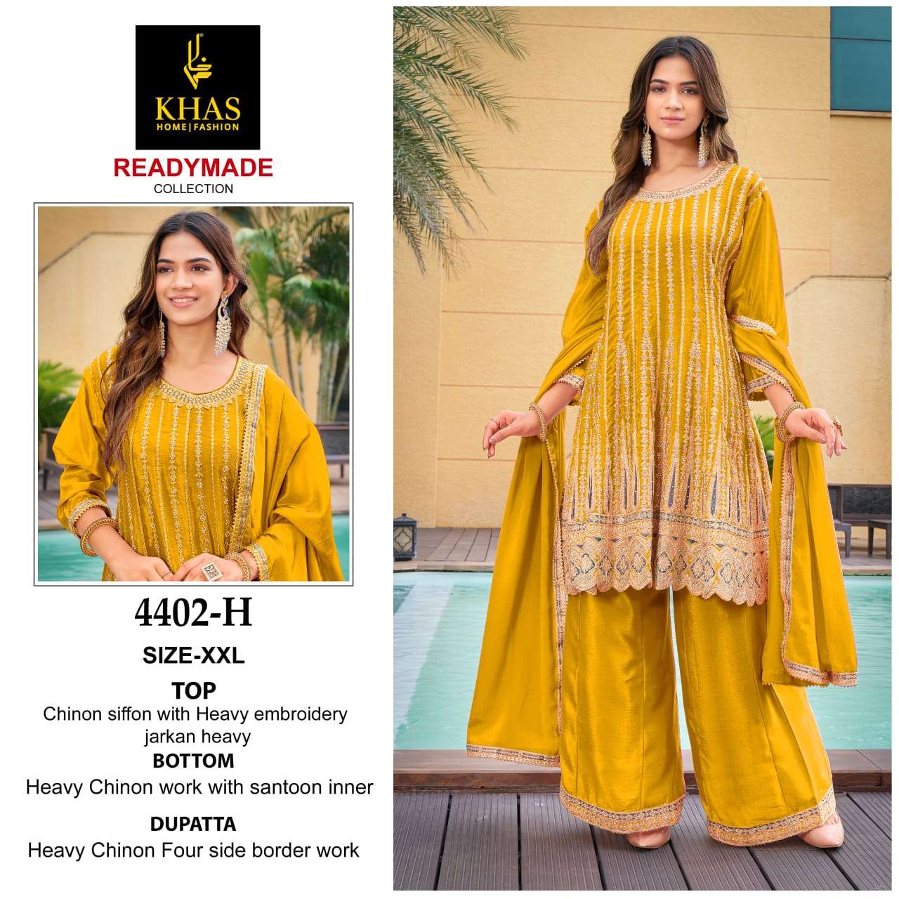 D.NO :- 4402(D TO H) BY KHAS IN CHINON SILK BEEUTIFUL NEW RADY MADE COLLECTION WITH WORK 