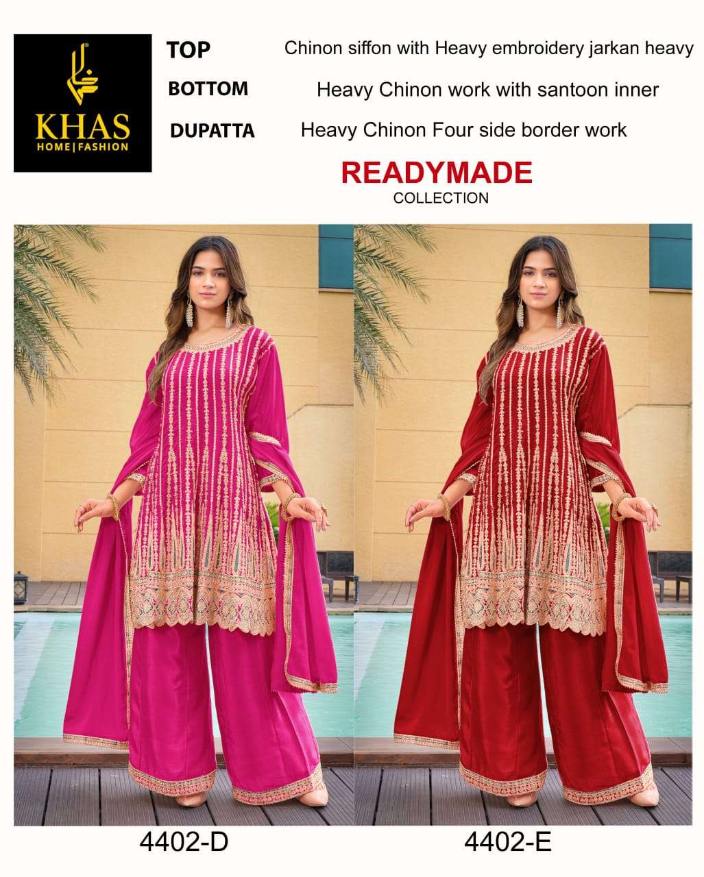 D.NO :- 4402(D TO H) BY KHAS IN CHINON SILK BEEUTIFUL NEW RADY MADE COLLECTION WITH WORK 