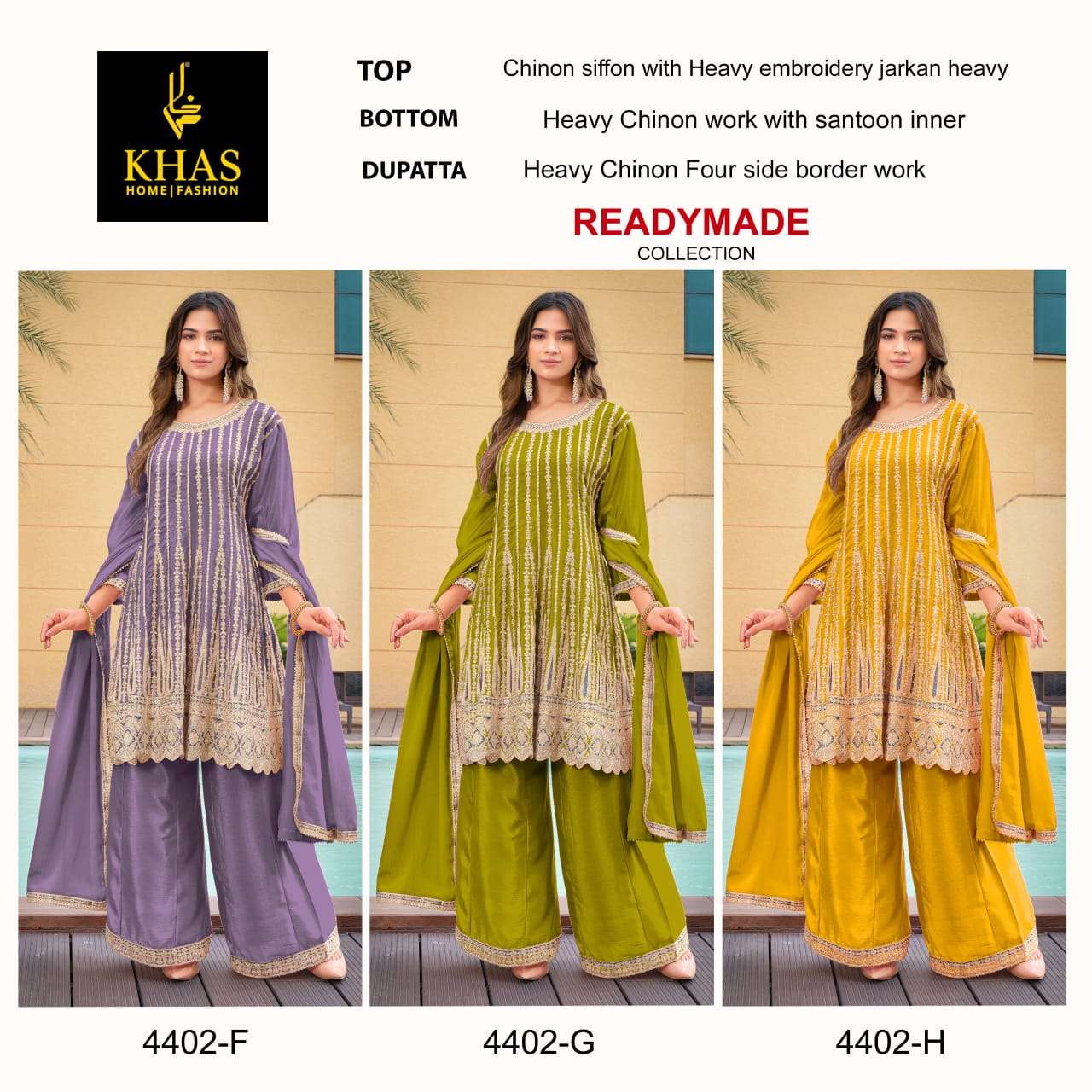 D.NO :- 4402(D TO H) BY KHAS IN CHINON SILK BEEUTIFUL NEW RADY MADE COLLECTION WITH WORK 