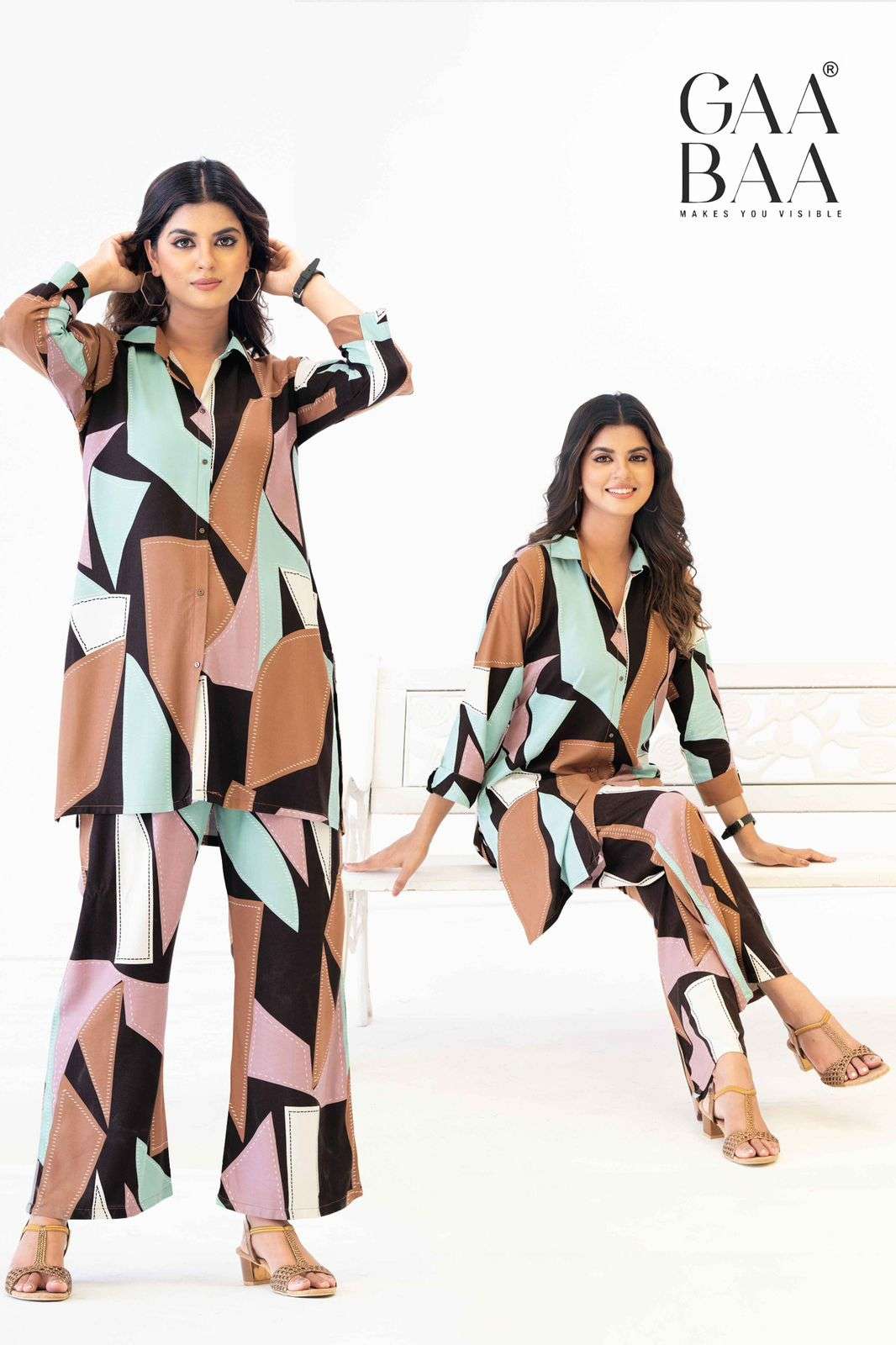 D.NO :- 941 BY GAABAA IN HEAVY RAYON SHIRT PATTERN CO-ORD SET WITH BELL BOTTOM 