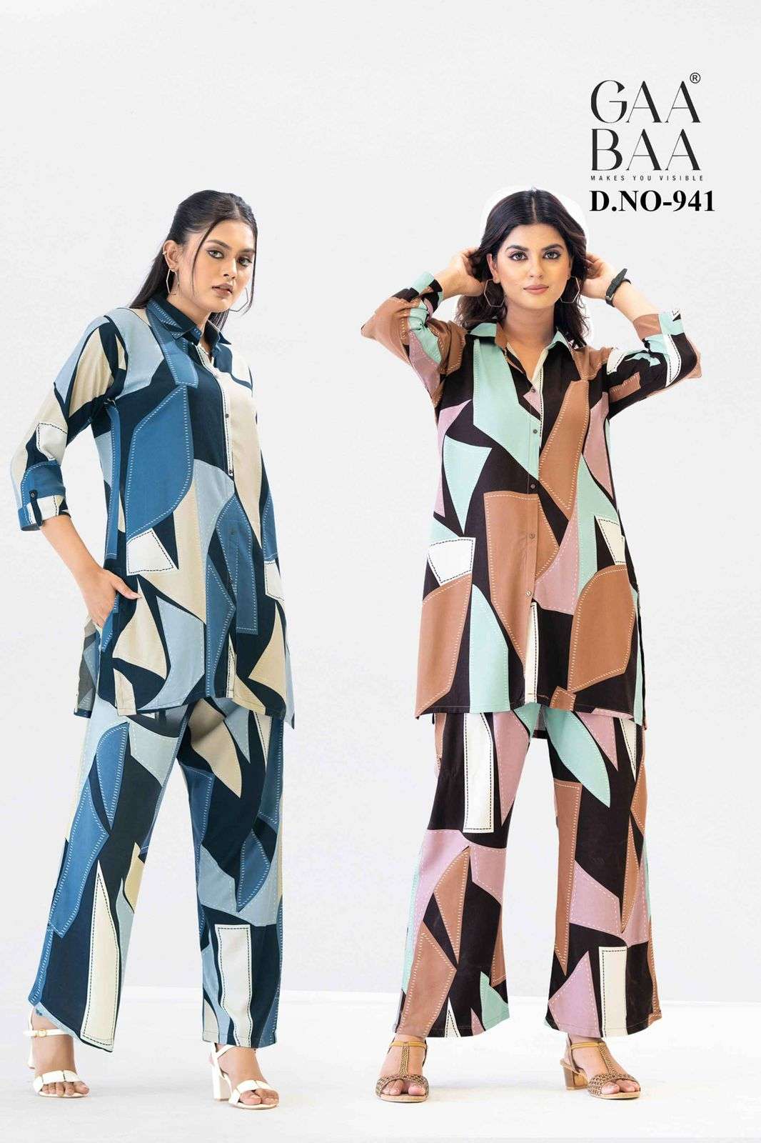 D.NO :- 941 BY GAABAA IN HEAVY RAYON SHIRT PATTERN CO-ORD SET WITH BELL BOTTOM 