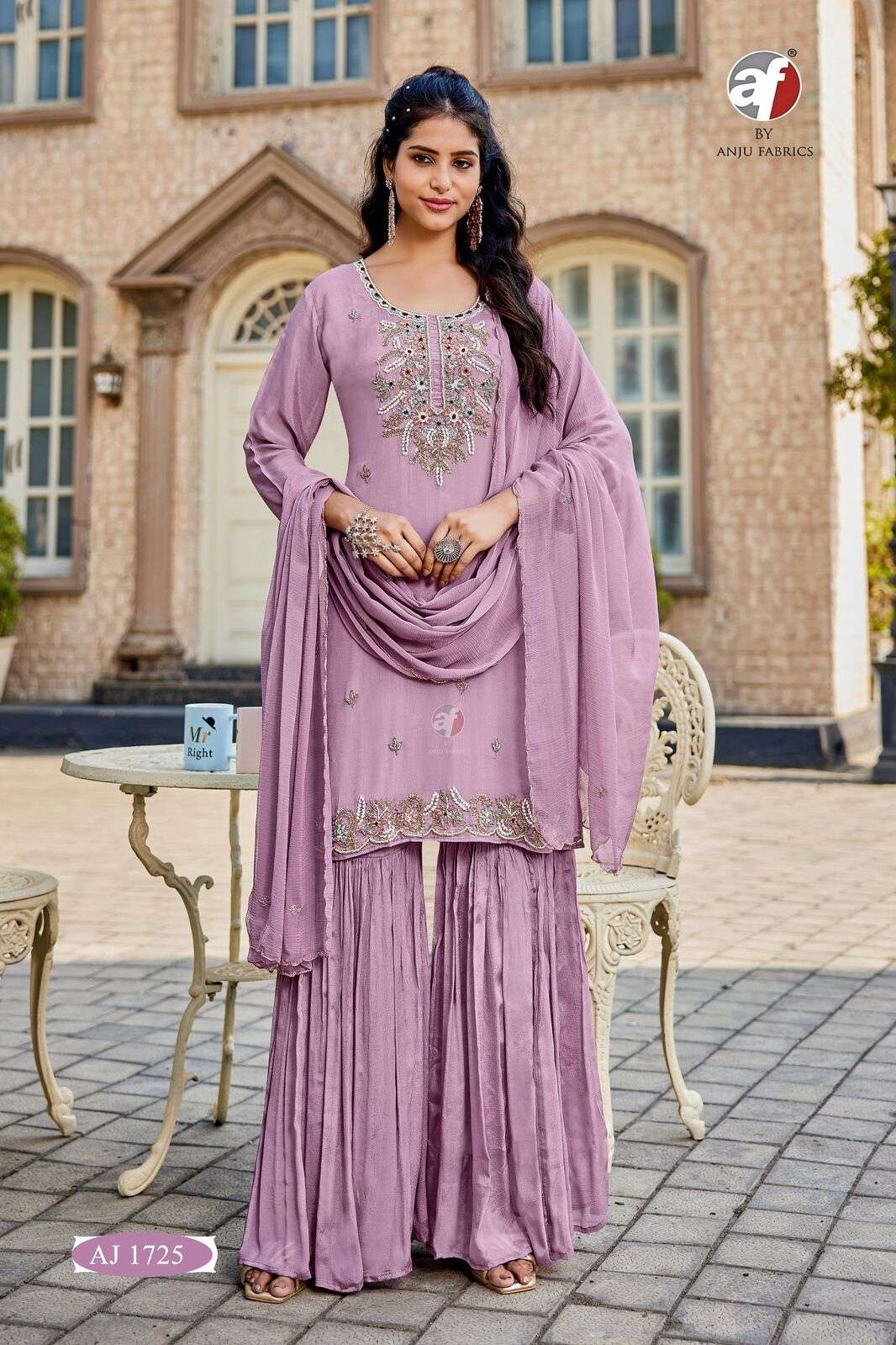 D.NO:- AJ 1725 BY ANJU FABRICS IN PURE CHINON CHIFFON SHORT KURTI WITH SHARARA & DUPATTA
