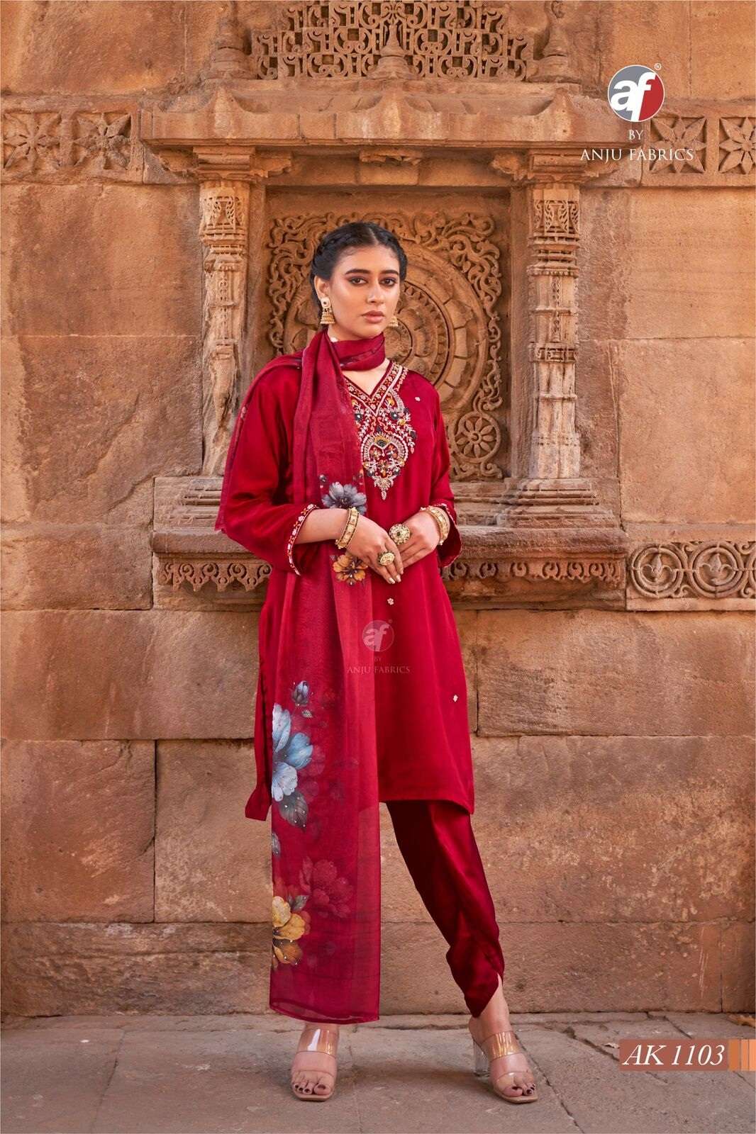 D.NO:- AK 1103 BY ANJU FABRICS IN PURE NATURAL CREPE SHORT KURTI WITH TULIP PANT & DUPATTA