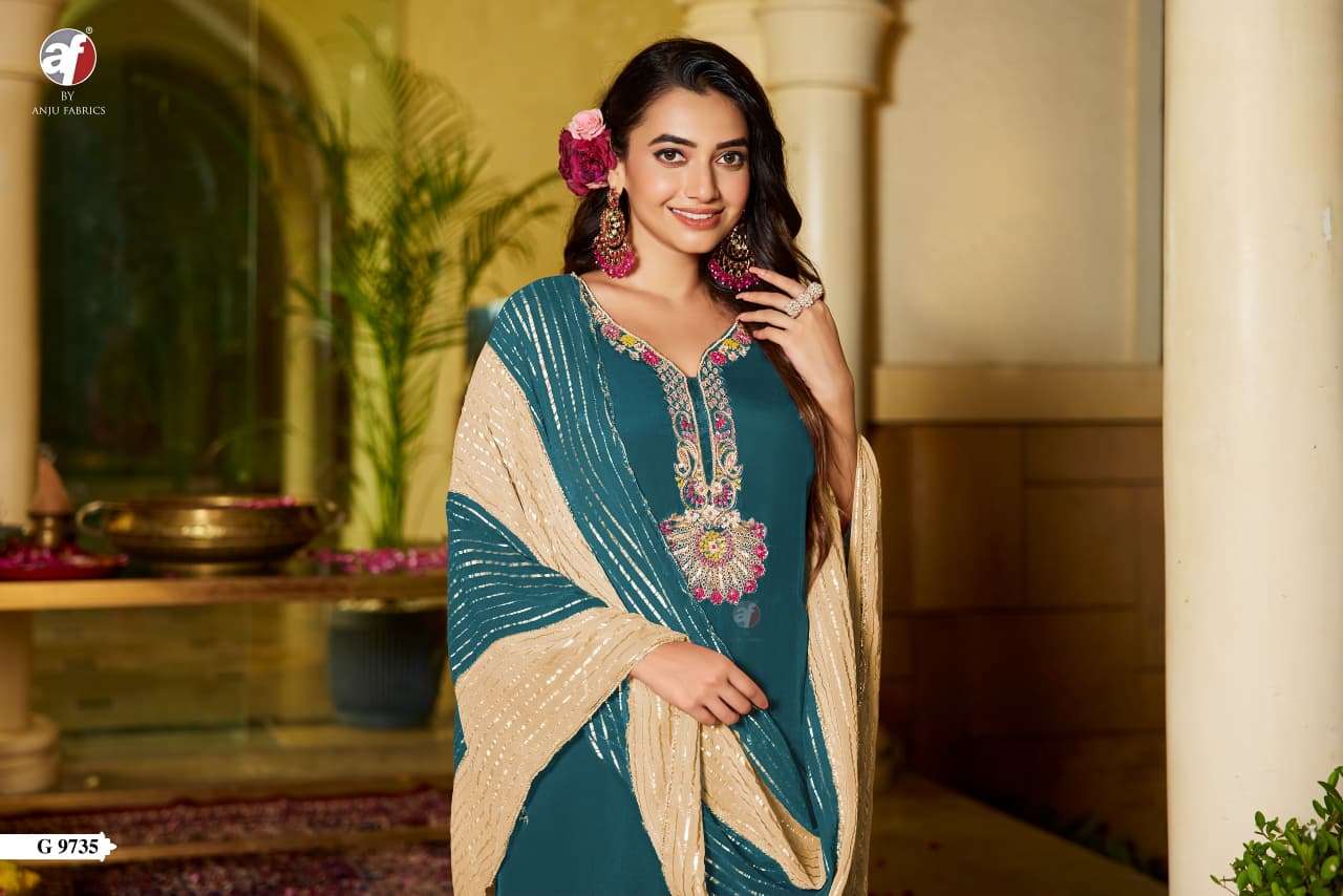 D.NO:- G 9735 BY ANJU FABRICS IN PURE NATURAL CREPE KURTI PANT WITH DUPATTA 