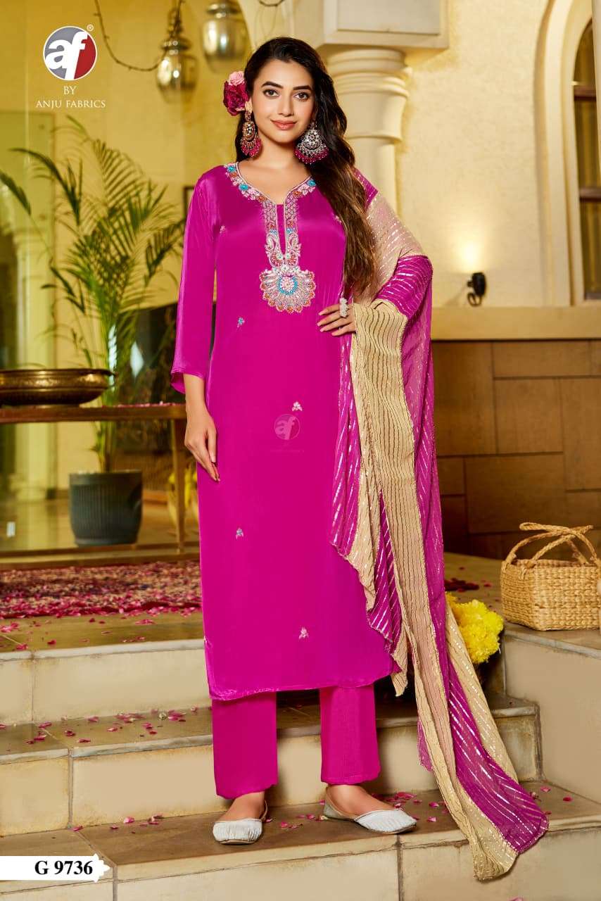 D.NO:- G 9736 BY ANJU FABRICS IN PURE NATURAL CREPE KURTI PANT WITH DUPATTA 