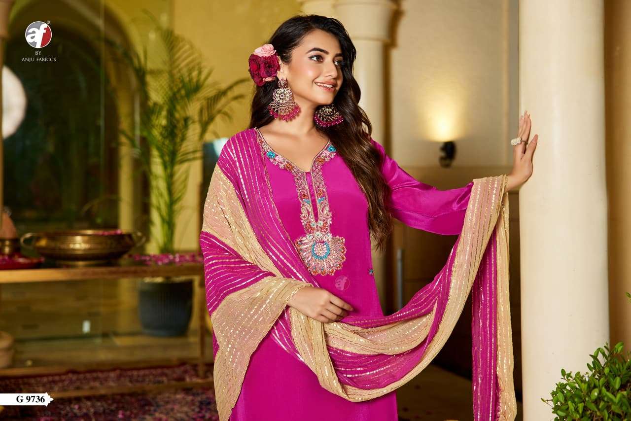 D.NO:- G 9736 BY ANJU FABRICS IN PURE NATURAL CREPE KURTI PANT WITH DUPATTA 