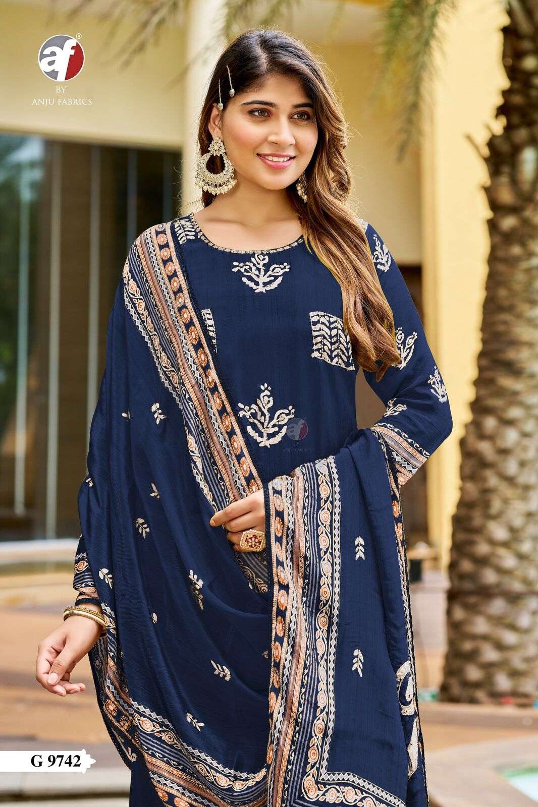 D.NO:- G 9742 BY ANJU FABRICS IN PURE NATURAL CREPE KURTI PANT WITH DUPATTA & HEAVY HANDWORK 