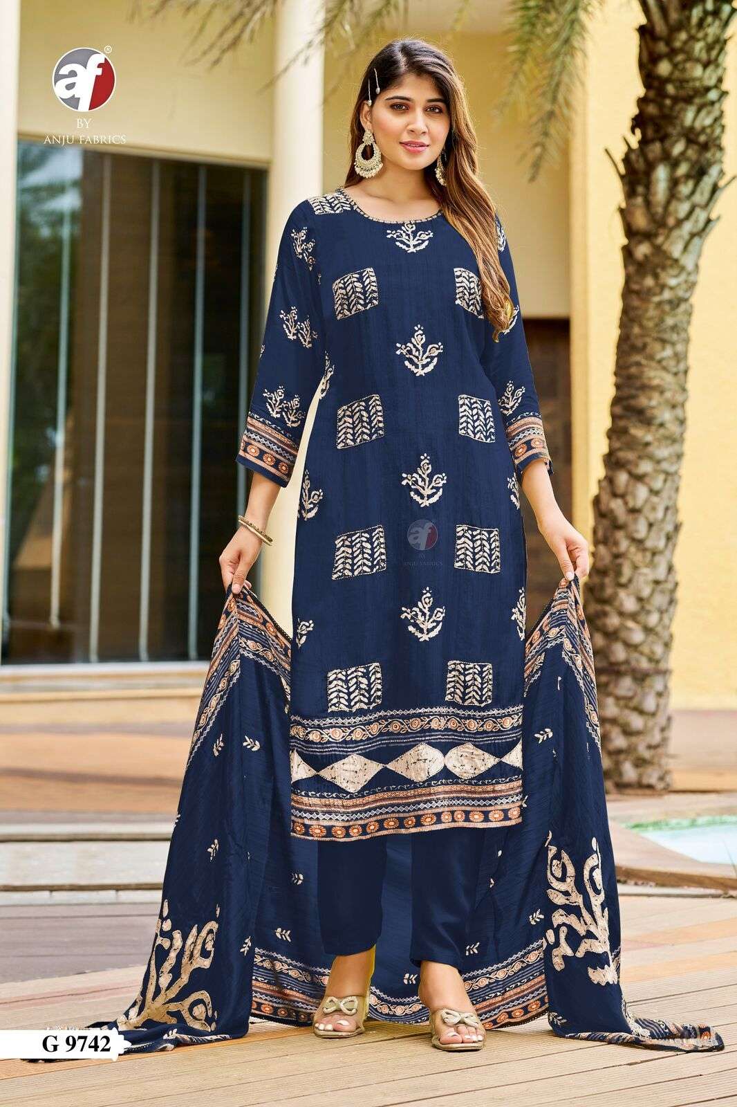 D.NO:- G 9742 BY ANJU FABRICS IN PURE NATURAL CREPE KURTI PANT WITH DUPATTA & HEAVY HANDWORK 