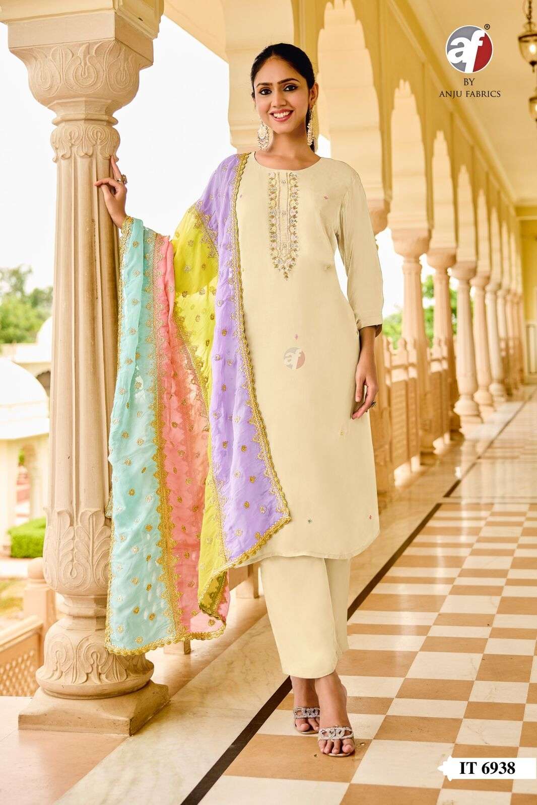 D.NO:- IT 6938 BY ANJU FABRICS IN PURE NATURAL CREPE KURTI PANT WITH ORGANZA DUPATTA
