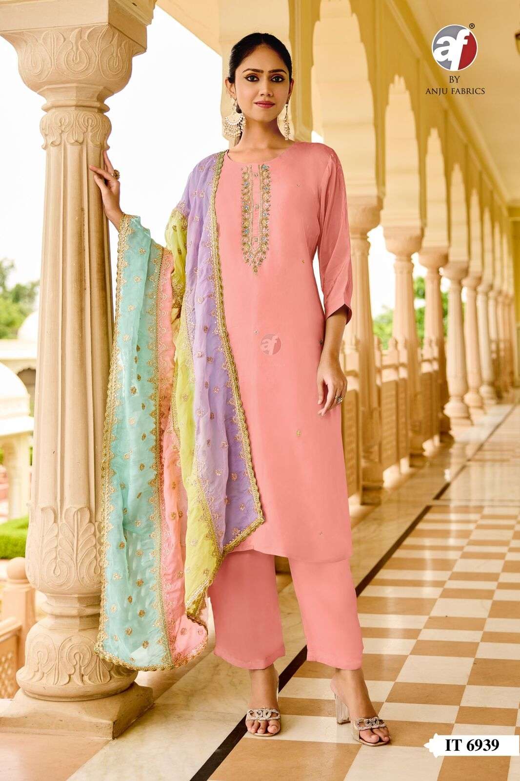 D.NO:- IT 6939 BY ANJU FABRICS IN PURE NATURAL CREPE KURTI PANT WITH ORGANZA DUPATTA