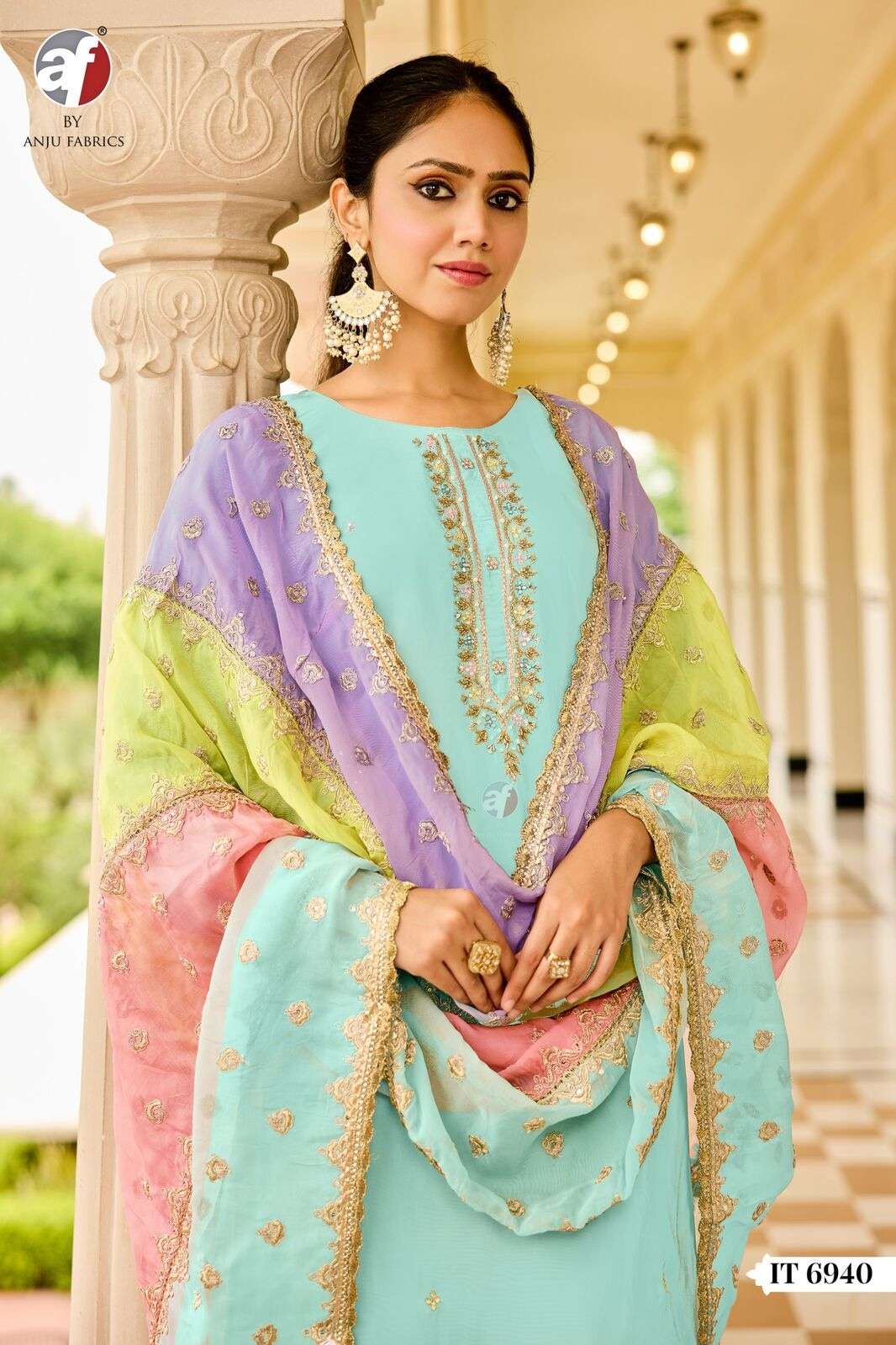 D.NO:- IT 6940 BY ANJU FABRICS IN PURE NATURAL CREPE KURTI PANT WITH ORGANZA DUPATTA