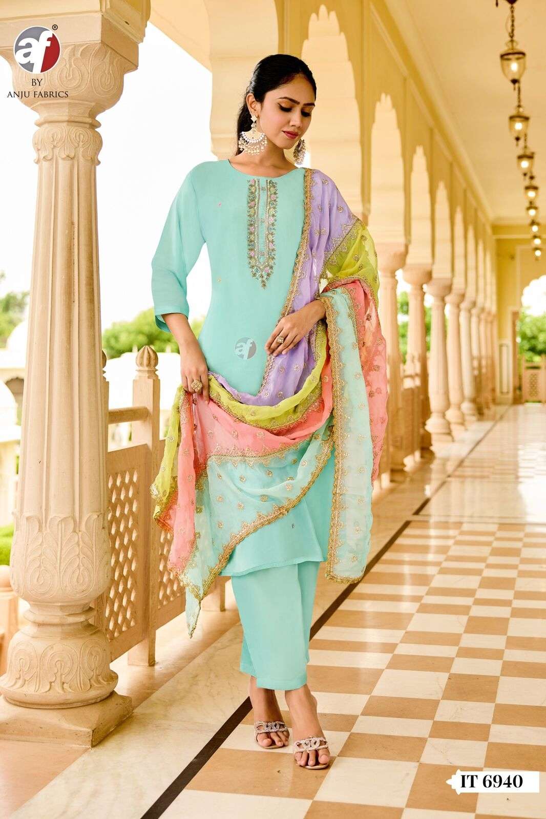 D.NO:- IT 6940 BY ANJU FABRICS IN PURE NATURAL CREPE KURTI PANT WITH ORGANZA DUPATTA