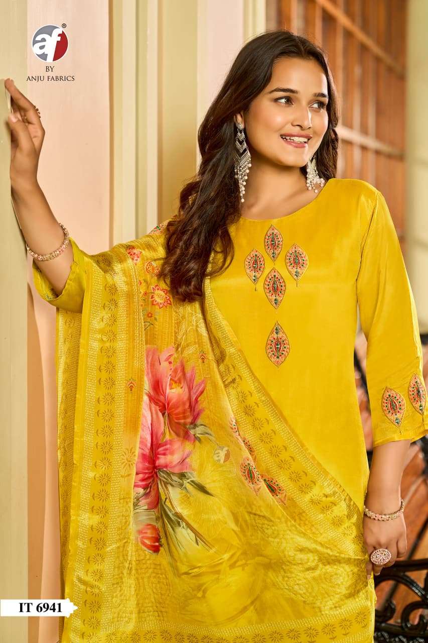 D.NO:- IT 6941 BY ANJU FABRICS IN H.O SILK KURTI PANT WITH DUPATTA AND HANDWORK 