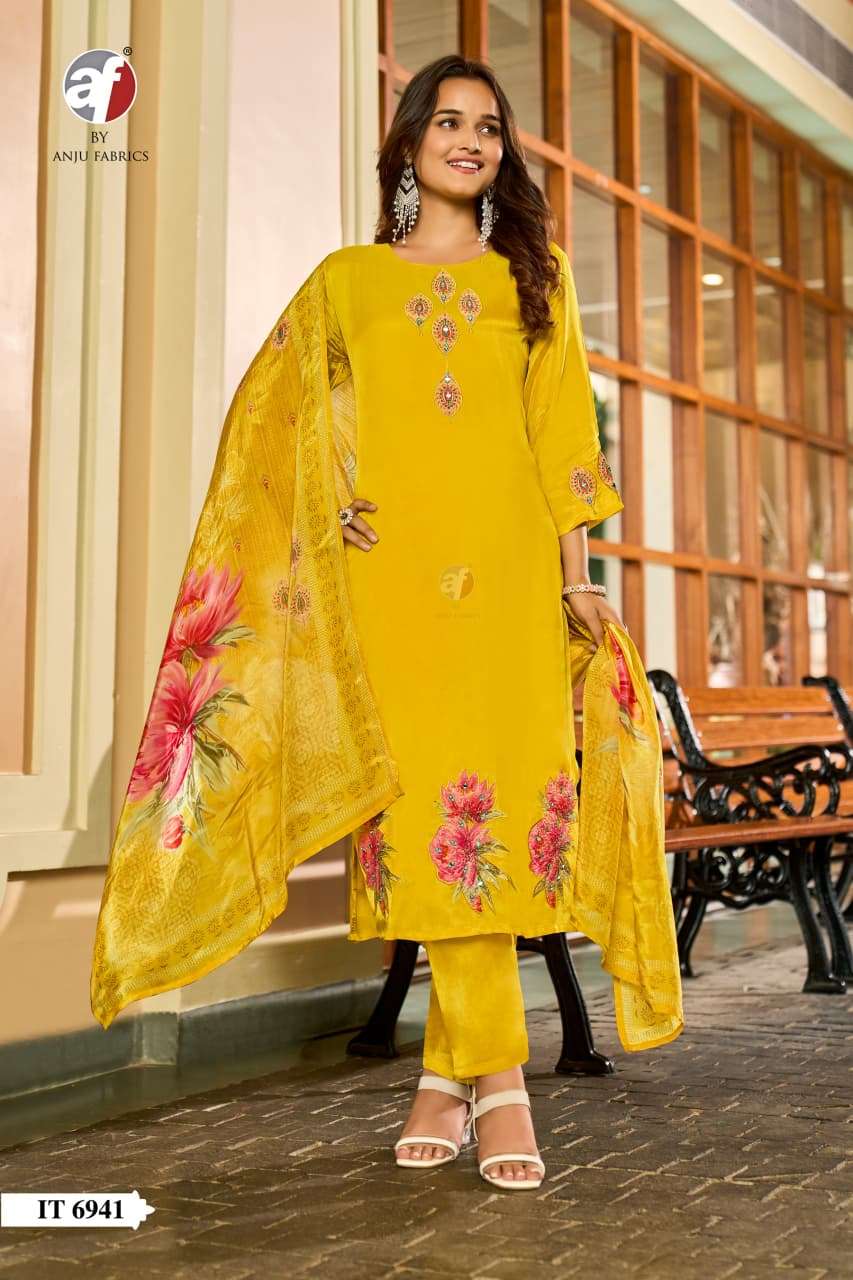 D.NO:- IT 6941 BY ANJU FABRICS IN H.O SILK KURTI PANT WITH DUPATTA AND HANDWORK 
