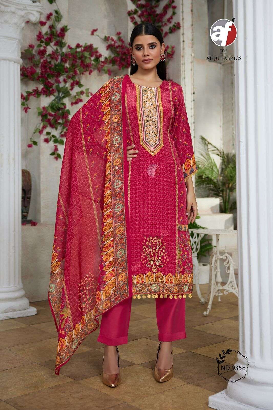 D.NO:- ND 9358 BY ANJU FABRICS IN NATURAL CREPE WITH PURE HANDWORK KURTI PANT WITH DUPATTA