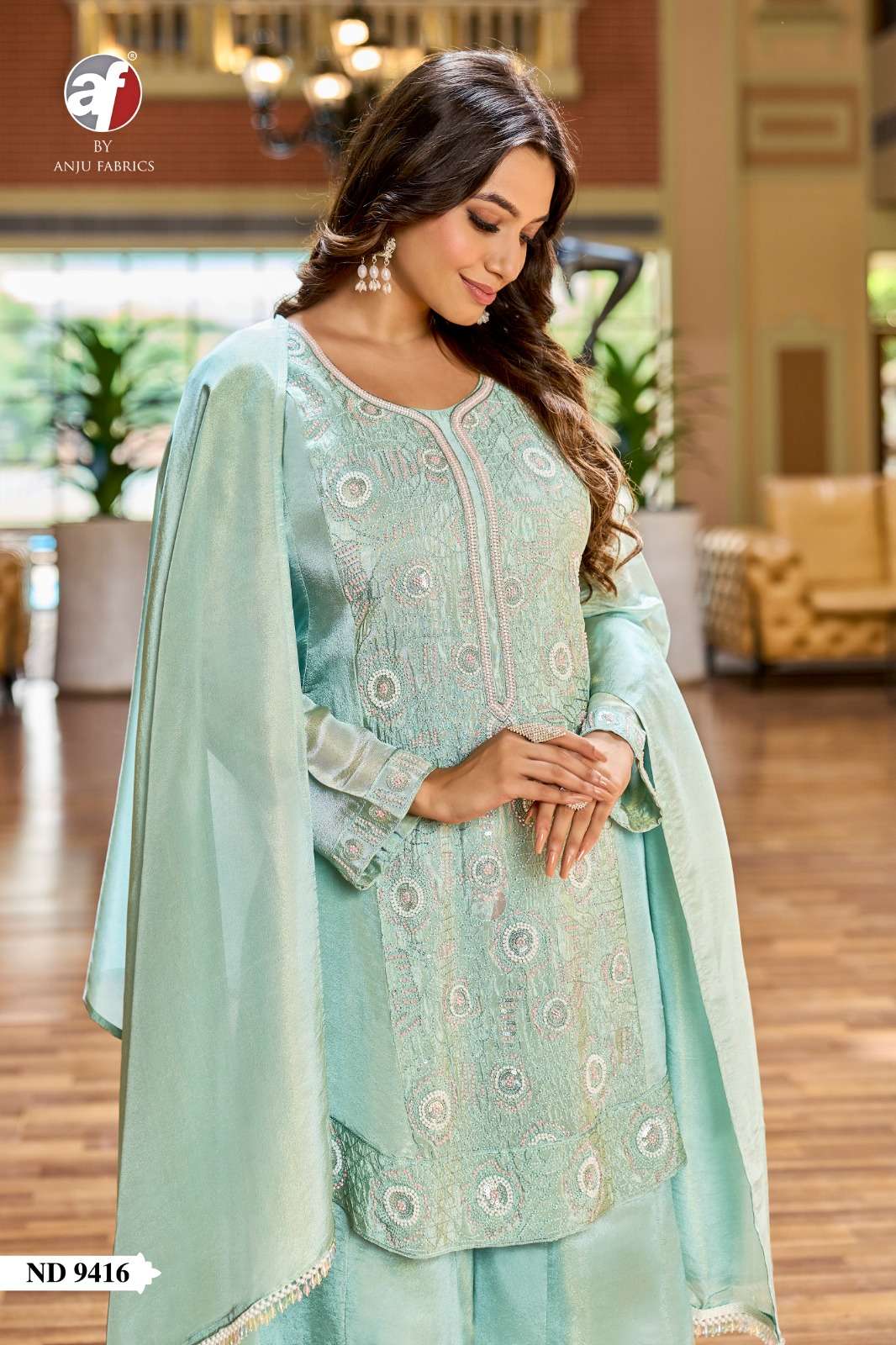 D.NO:- ND 9416 BY ANJU FABRICS IN PURE TISSUE SHIMMER TOP WITH DIVIDER & DUPATTA