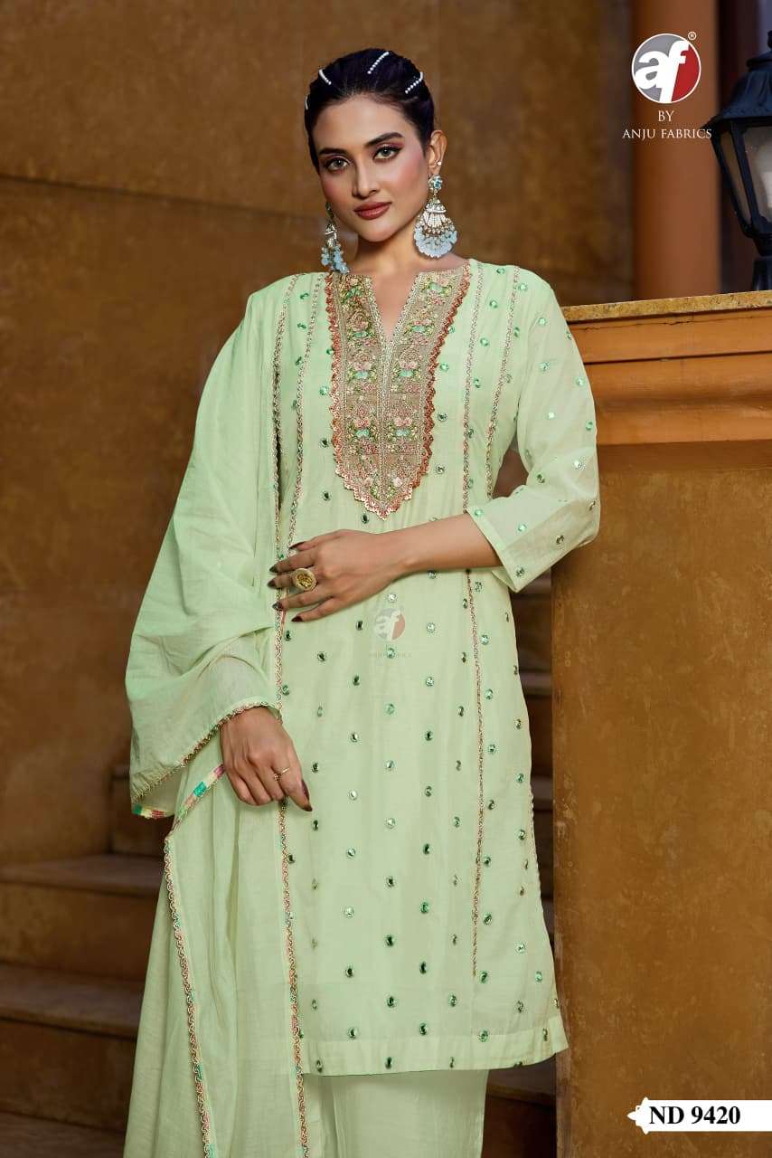 D.NO:- ND 9420 BY ANJU FABRICS IN PURE MUL CHANDERI WITH HAND WITH LACE WORK 