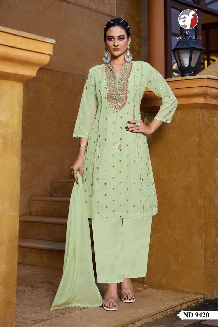 D.NO:- ND 9420 BY ANJU FABRICS IN PURE MUL CHANDERI WITH HAND WITH LACE WORK 