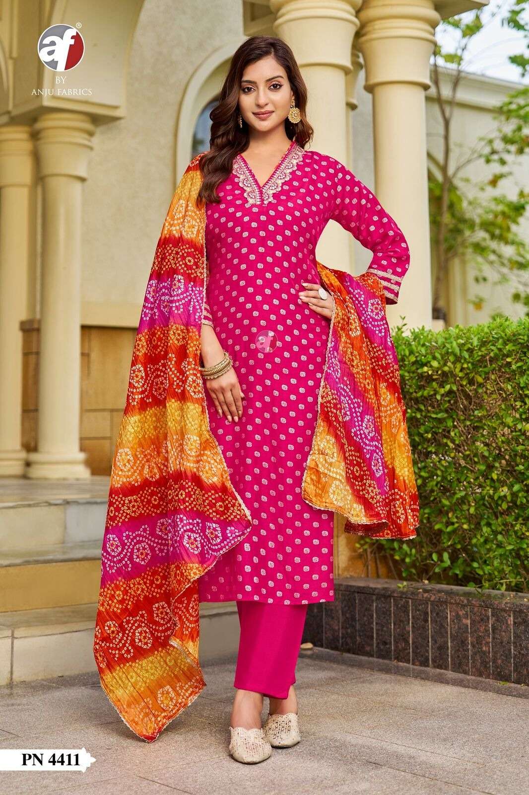 D.NO:- PN 4411 BY ANJU FABRICS IN RUSSIAN SILK KURTI PANT WITH LEHERIYA BANDHEJ DUPATTA 