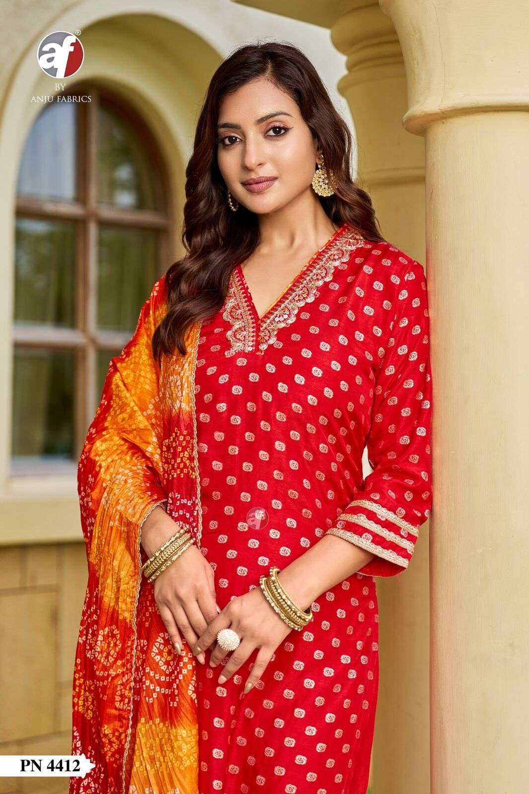 D.NO:- PN 4412 BY ANJU FABRICS IN RUSSIAN SILK KURTI PANT WITH LEHERIYA BANDHEJ DUPATTA 